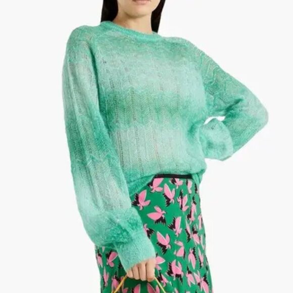 Diane Von Furstenberg  Jandina Metallic Dégradé Crochet Knit Sweater Jade XS DVF - Picture 1 of 7